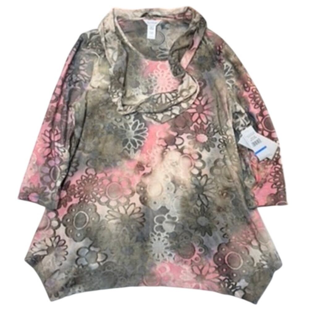 Multiples Tie Dye Floral Blouse Tunic Top Sz XL Pink Blue Whimsical Fairy Hippy